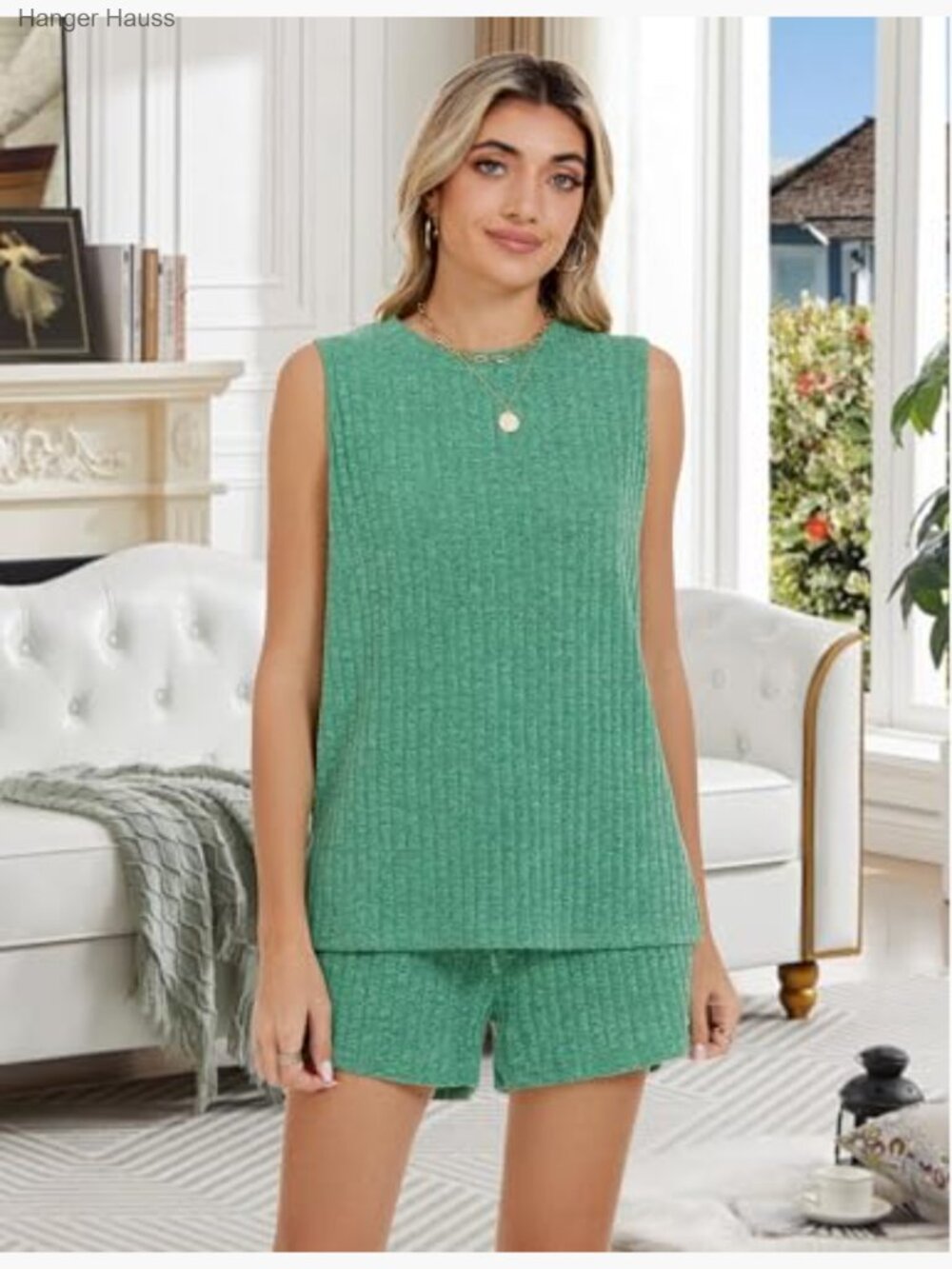 Women's 2 Piece Tank Top Pajama Set with Shorts Pockets - Picture 3 of 7
